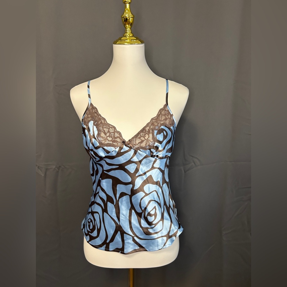 Brown and blue satin floral cami with lace detailing SOLD